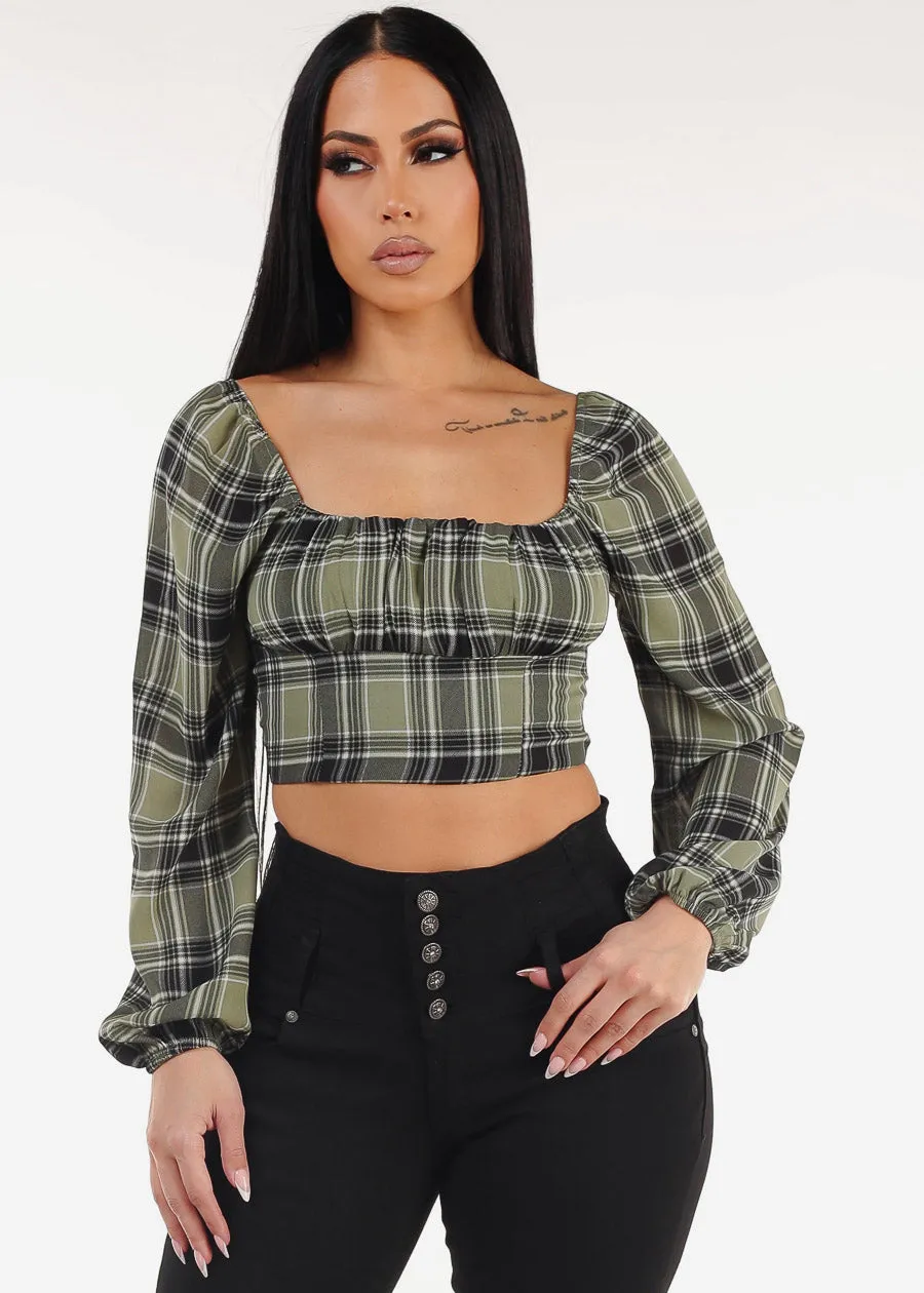 Long Sleeve Plaid Crop Top Olive sold by Moda