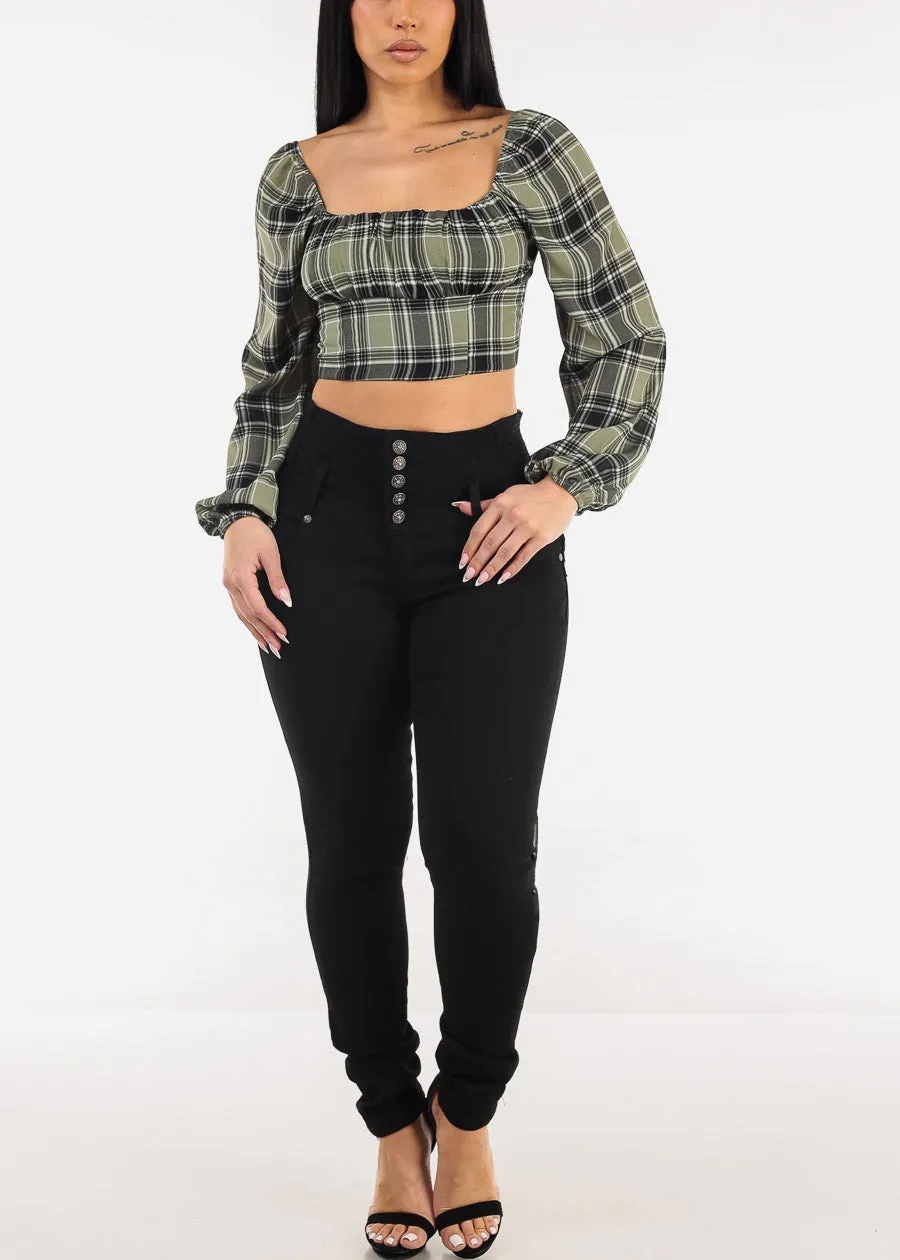 Long Sleeve Plaid Crop Top Olive sold by Moda product image thumbnail 2