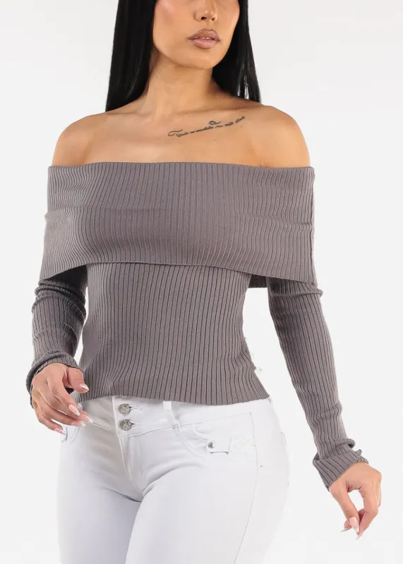 Off Shoulder Ribbed Sweater Top Grey sold by Moda