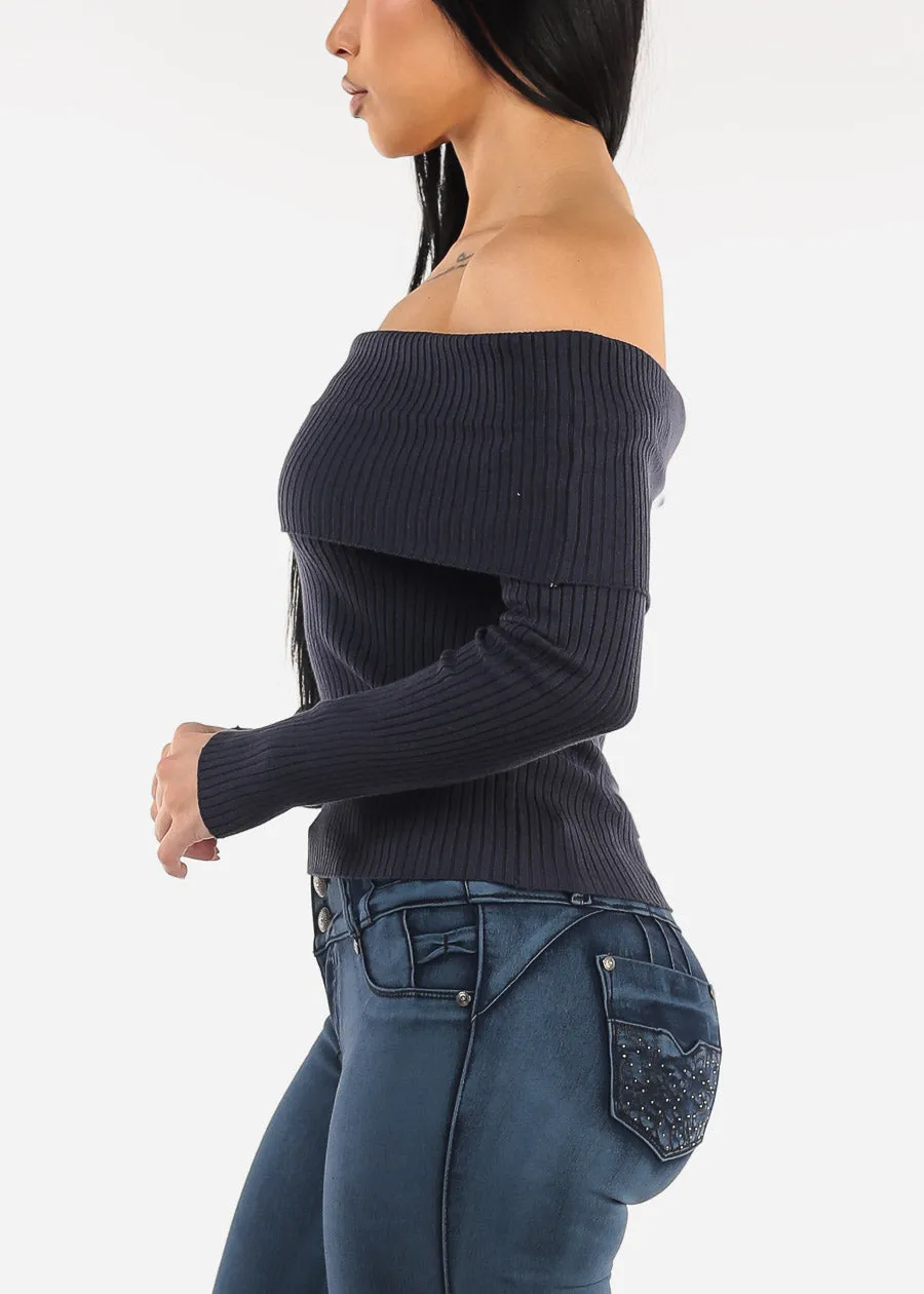 Off Shoulder Ribbed Sweater Top Navy sold by Moda product image thumbnail 3