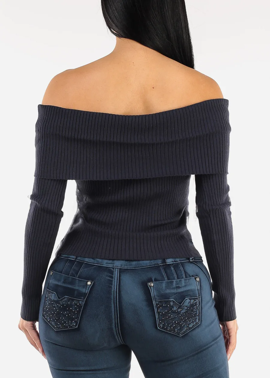 Off Shoulder Ribbed Sweater Top Navy sold by Moda product image thumbnail 4