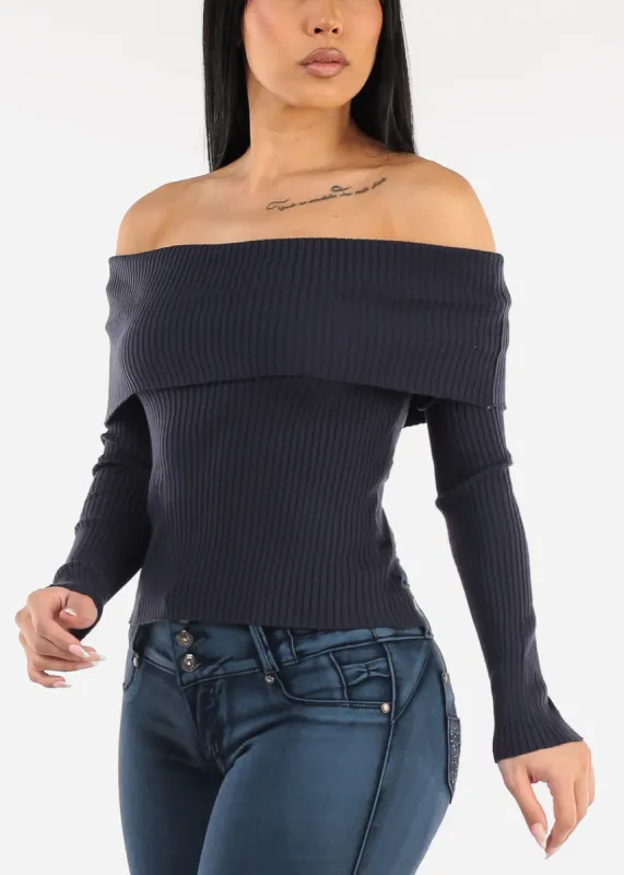 Off Shoulder Ribbed Sweater Top Navy sold by Moda
