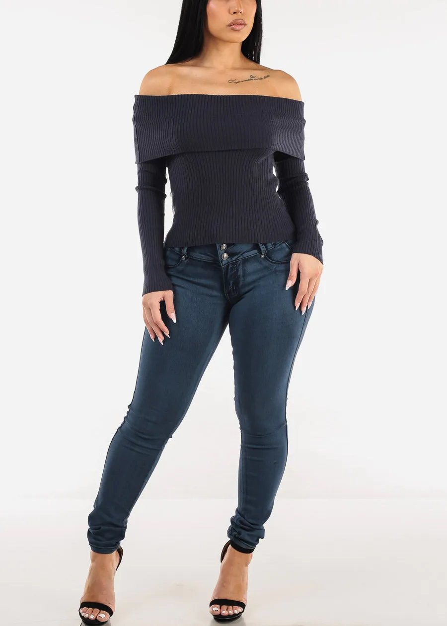 Off Shoulder Ribbed Sweater Top Navy sold by Moda product image thumbnail 2