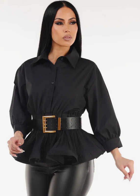 Black Quarter Sleeve Pleated Peplum Blouse w Belt sold by Moda