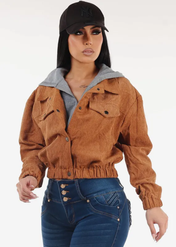 Long Sleeve Corduroy Jacket w Hoodie Camel sold by Moda