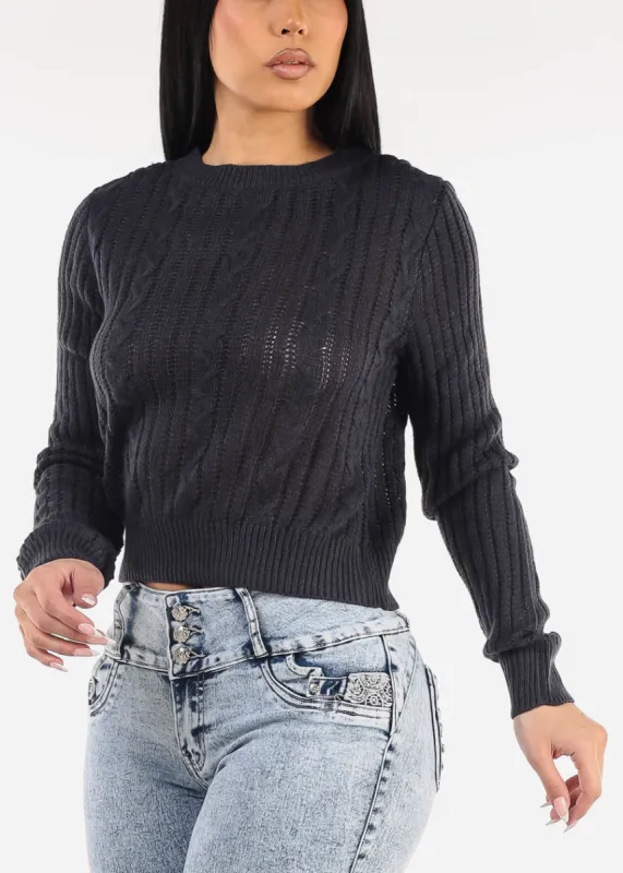 Long Sleeve Crewneck Cable Knit Sweater Navy sold by Moda