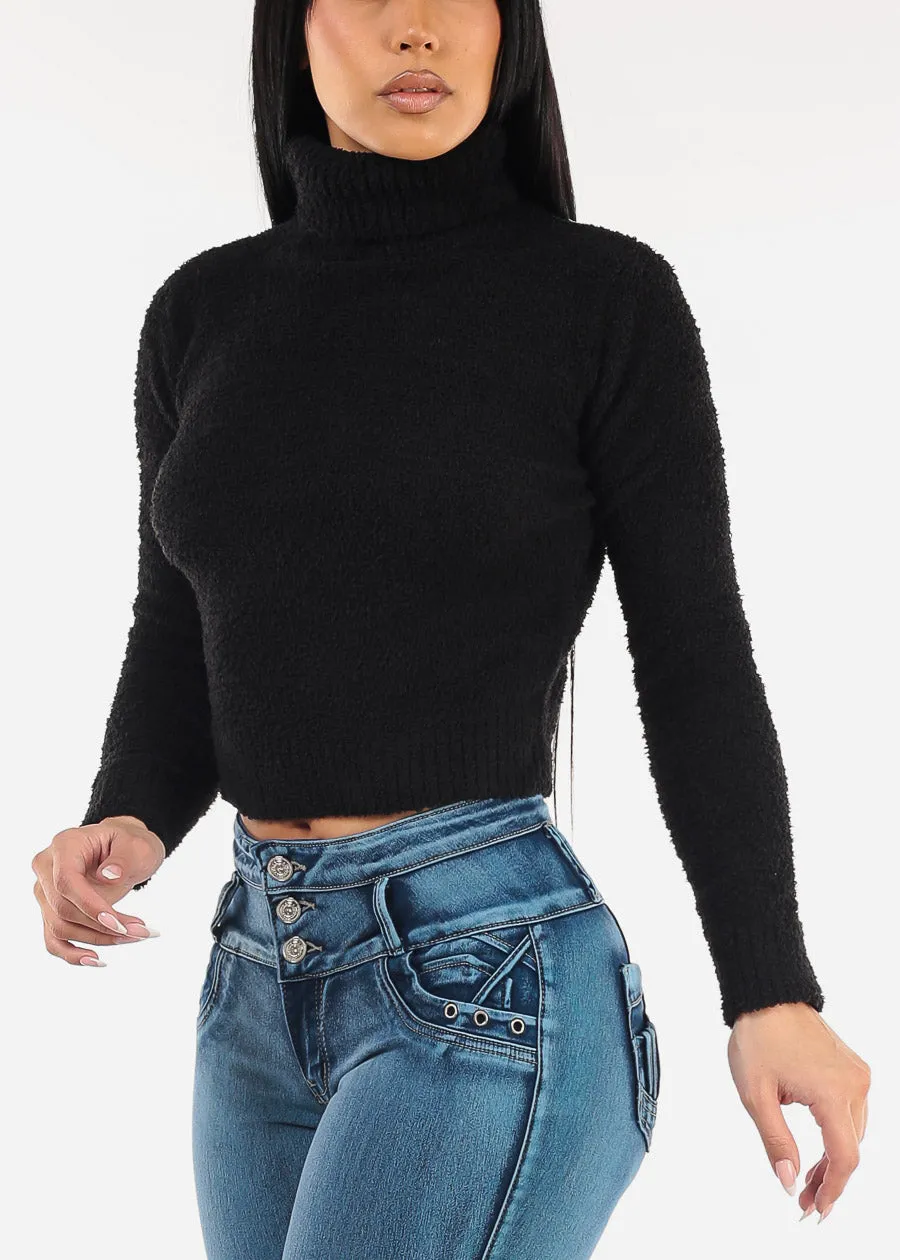 Black Long Sleeve Turtleneck Plush Sweater sold by Moda
