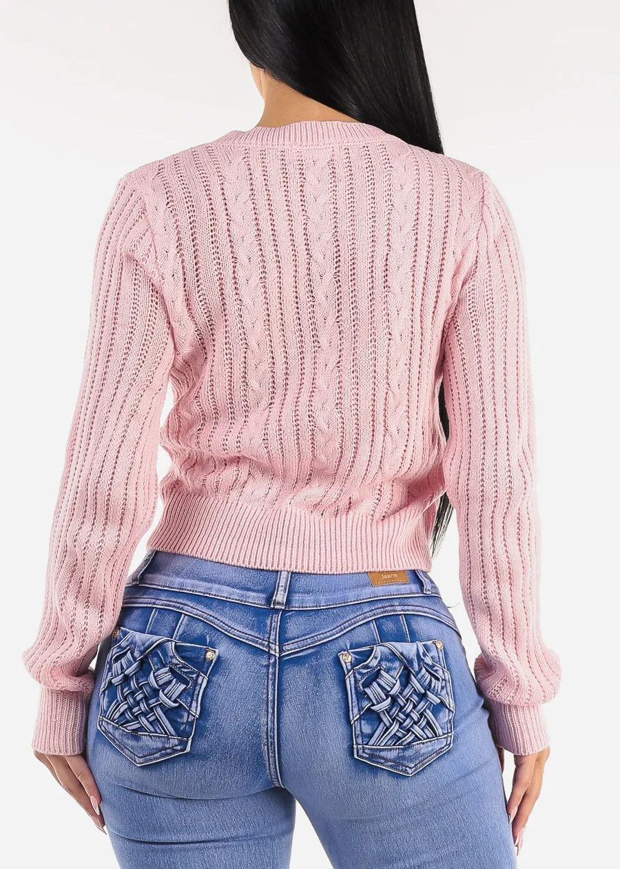 Long Sleeve Crewneck Cable Knit Sweater Pink sold by Moda product image thumbnail 4