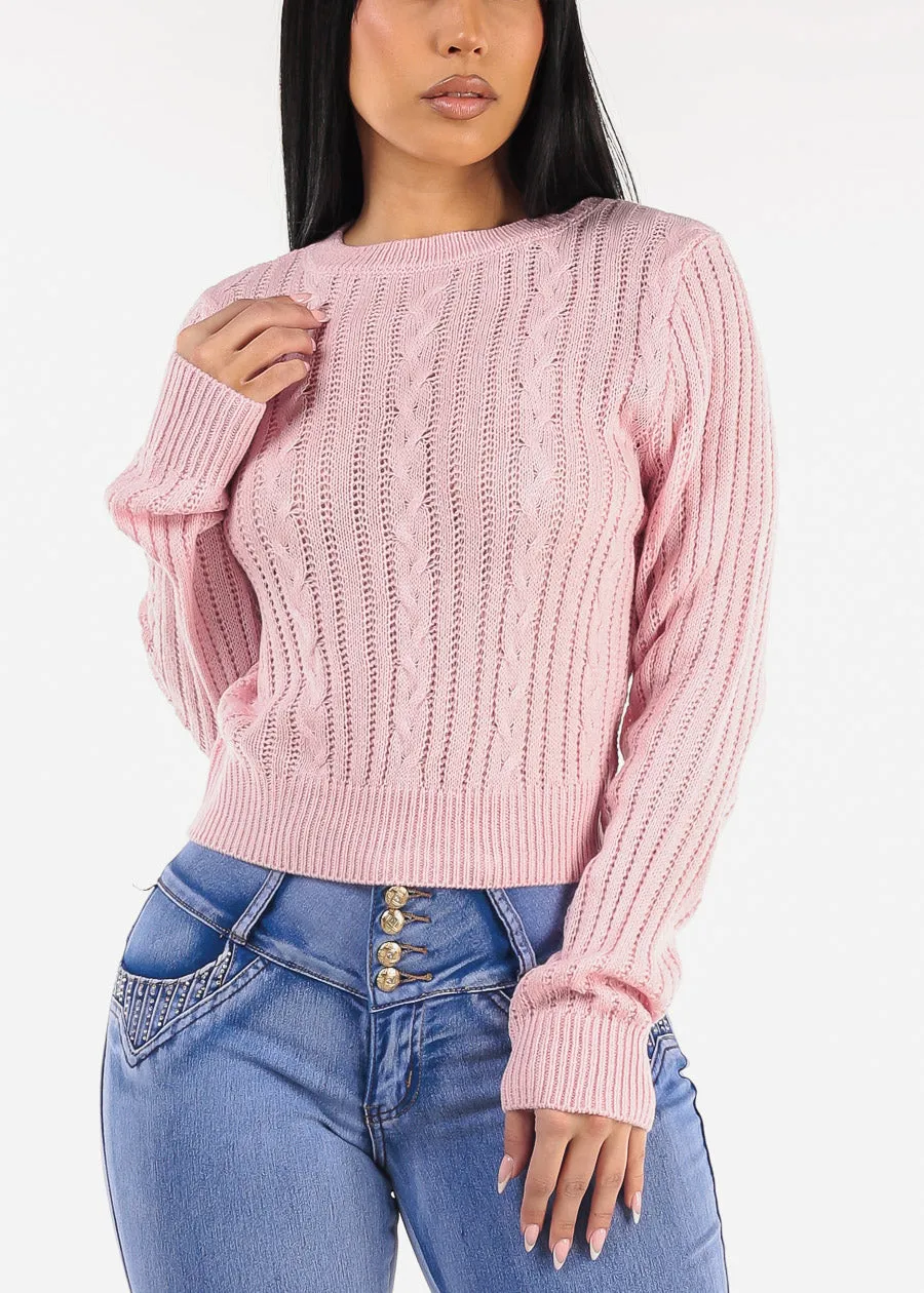 Long Sleeve Crewneck Cable Knit Sweater Pink sold by Moda