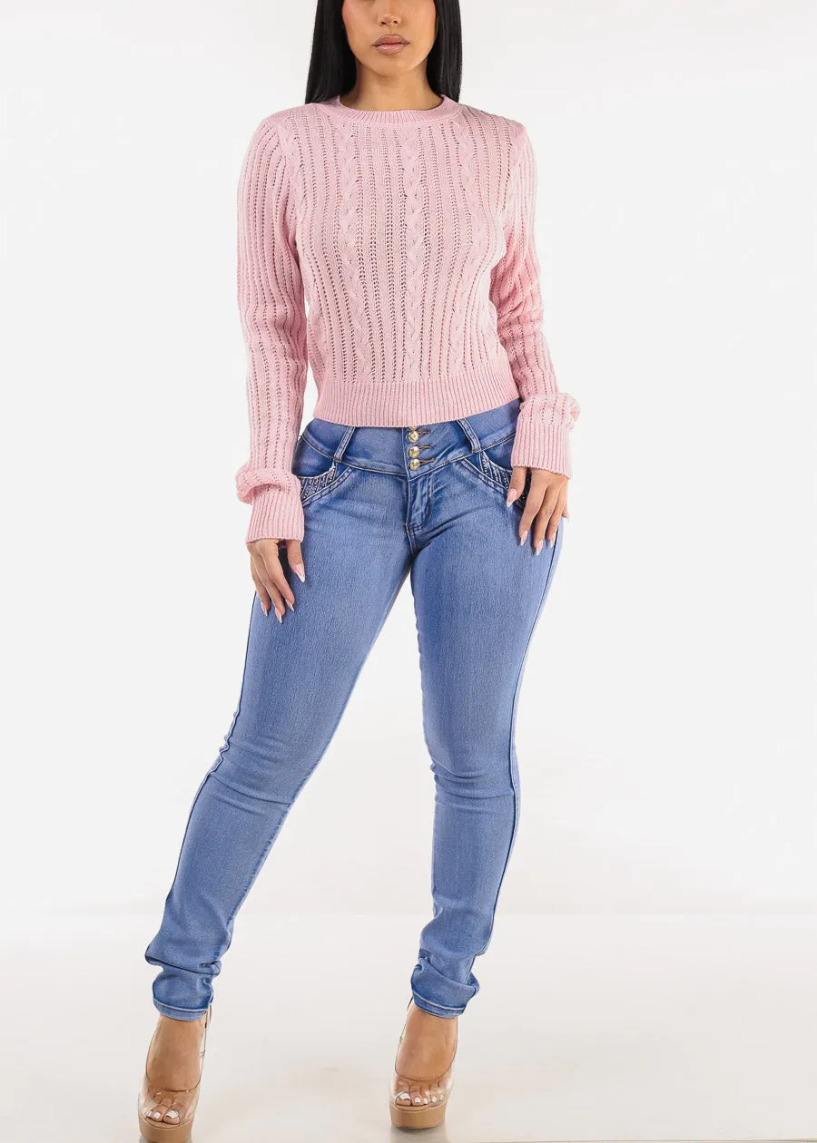 Long Sleeve Crewneck Cable Knit Sweater Pink sold by Moda product image thumbnail 5