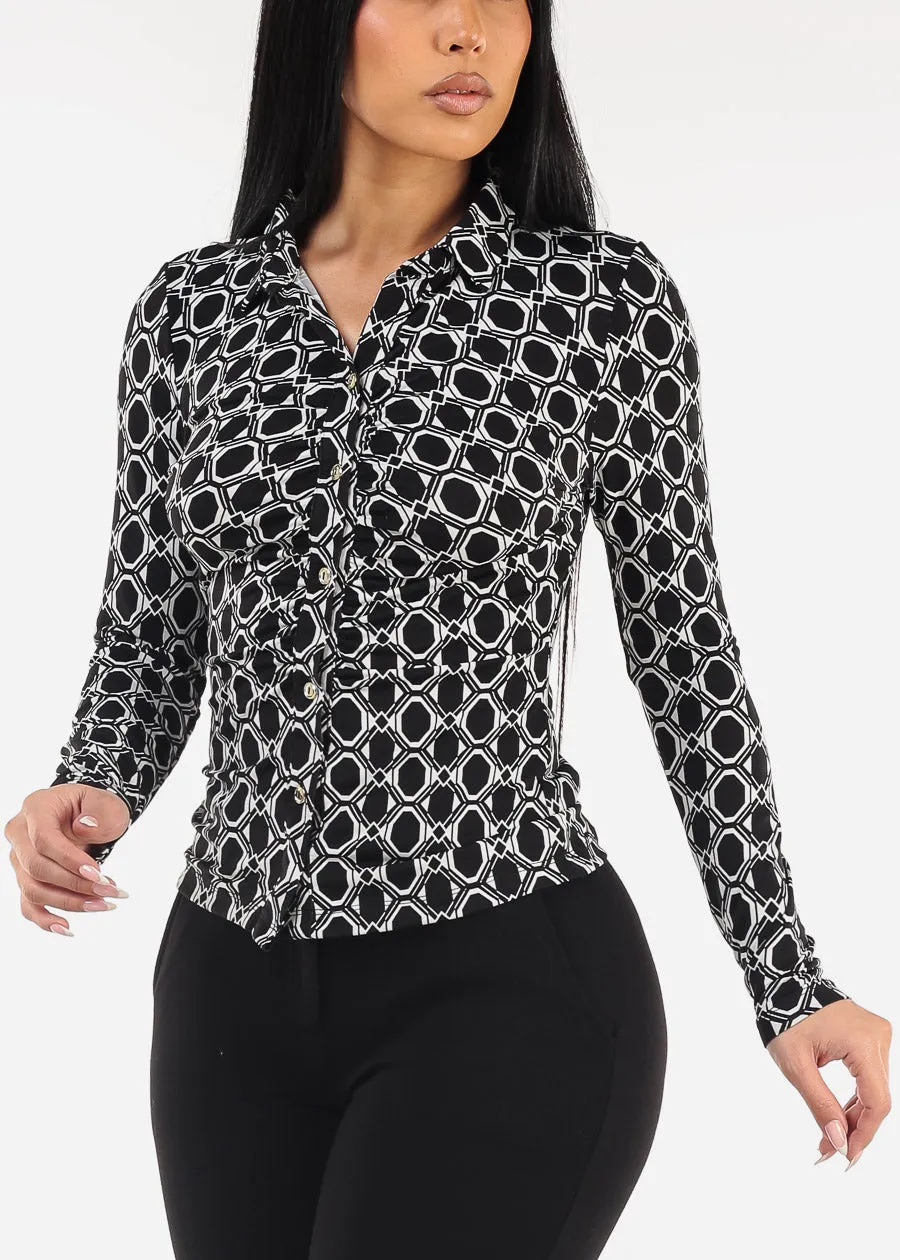 Ruched Button Down Printed Blouse Black sold by Moda