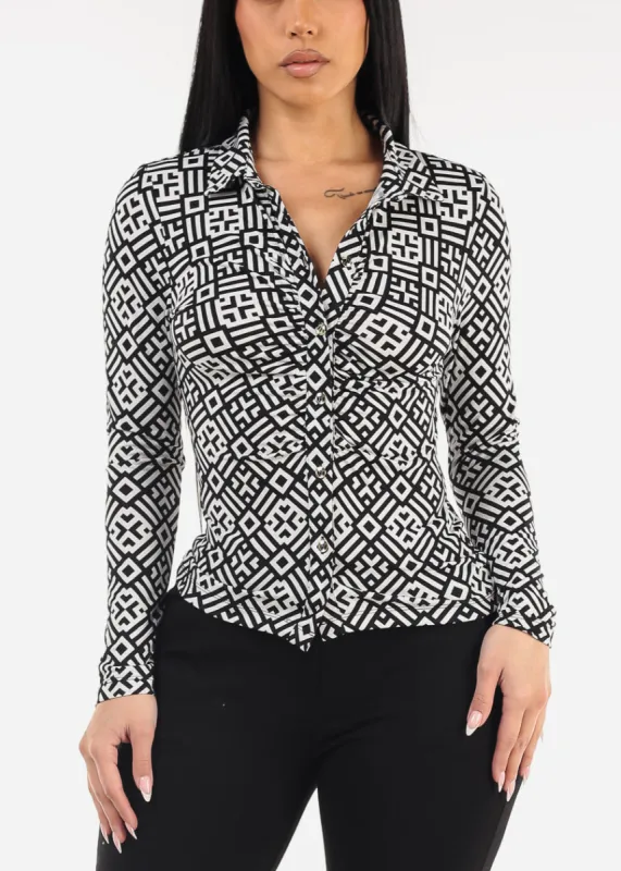 Ruched Button Down Printed Blouse B&W sold by Moda