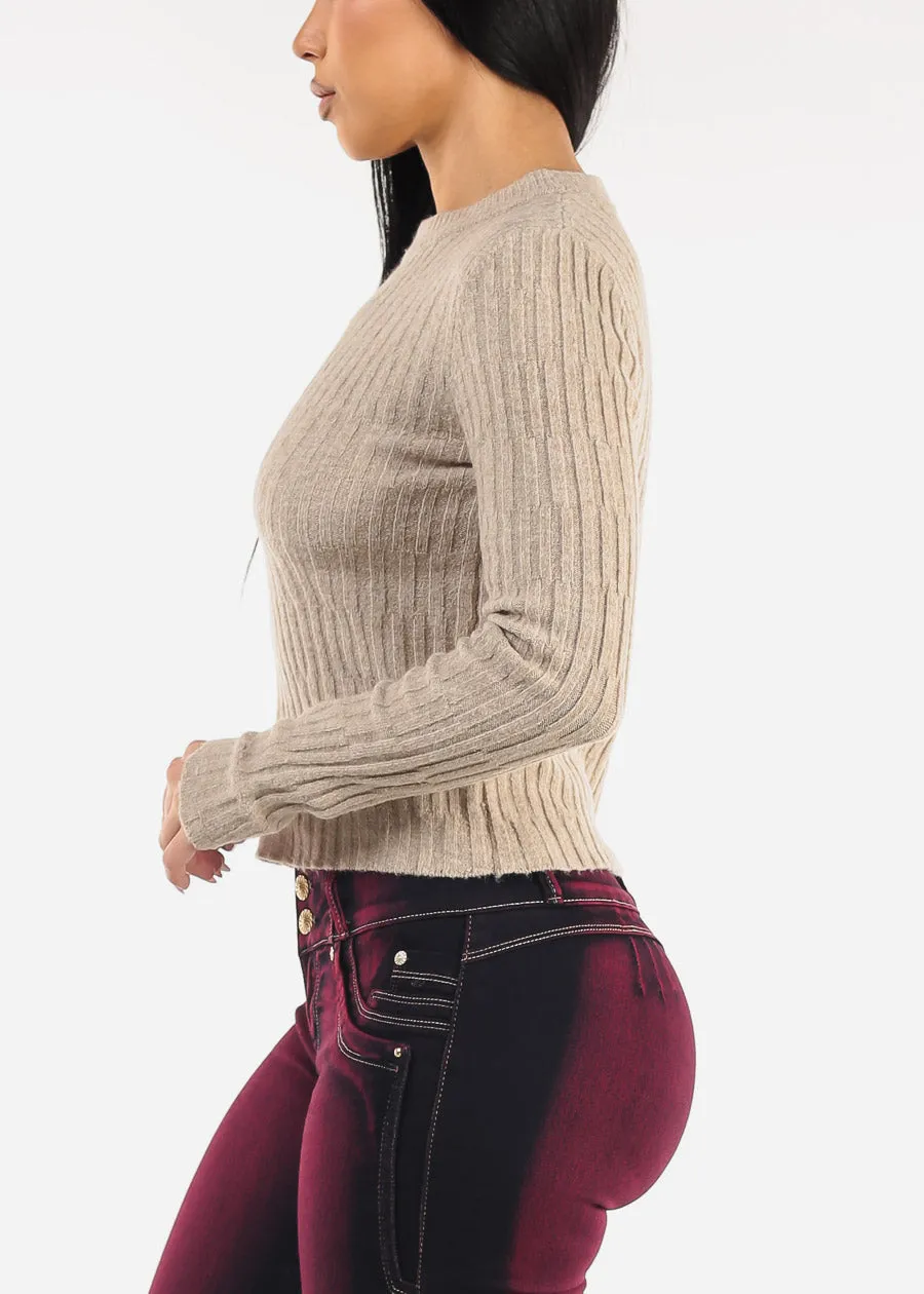 Long Sleeve Crewneck Ribbed Sweater Khaki sold by Moda product image thumbnail 3
