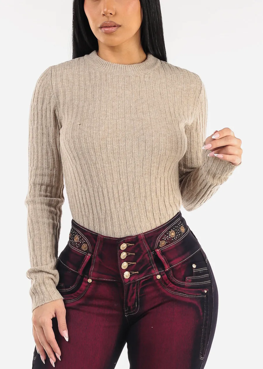 Long Sleeve Crewneck Ribbed Sweater Khaki sold by Moda