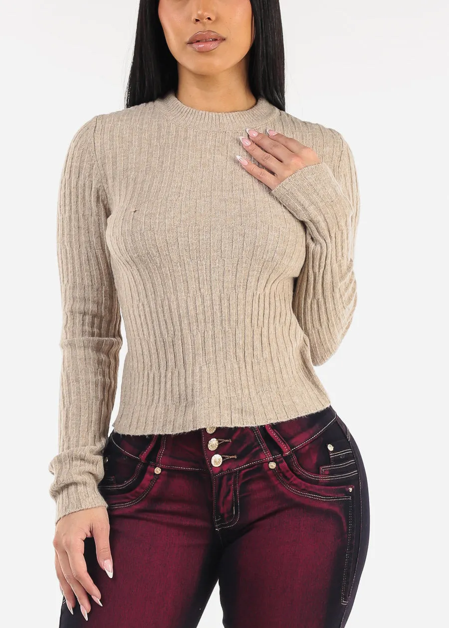 Long Sleeve Crewneck Ribbed Sweater Khaki sold by Moda product image thumbnail 5