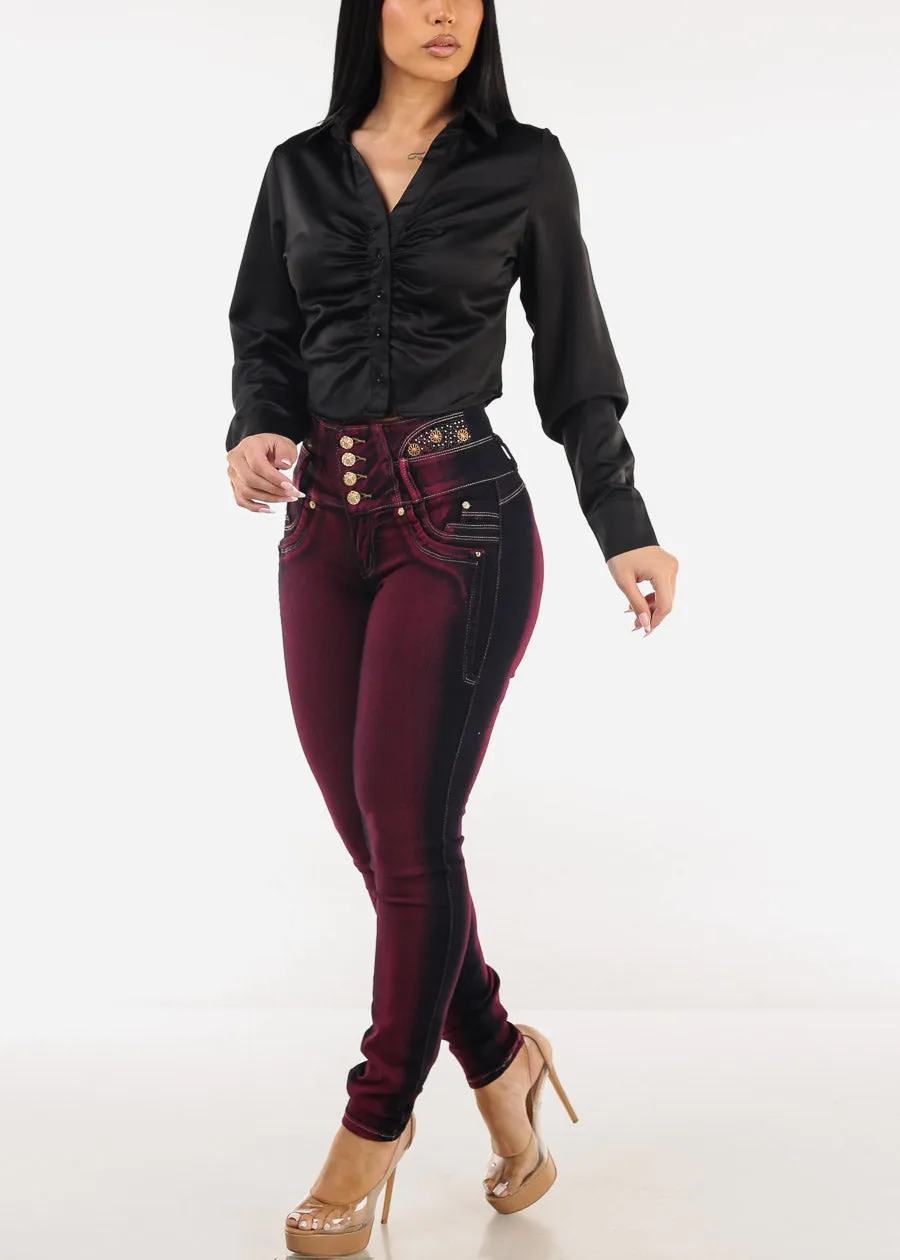 Ruched Long Sleeve Satin Cropped Blouse Black sold by Moda product image thumbnail 2