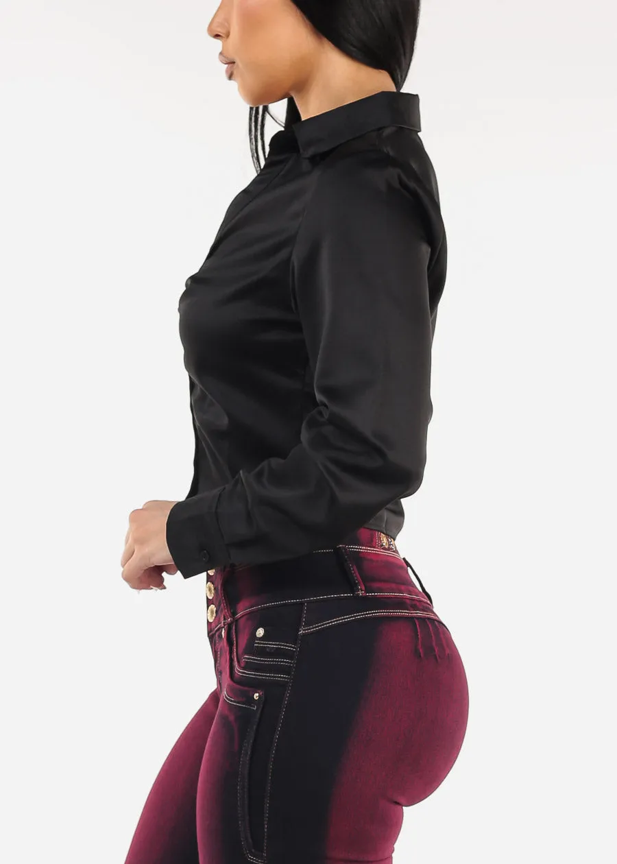 Ruched Long Sleeve Satin Cropped Blouse Black sold by Moda product image thumbnail 3