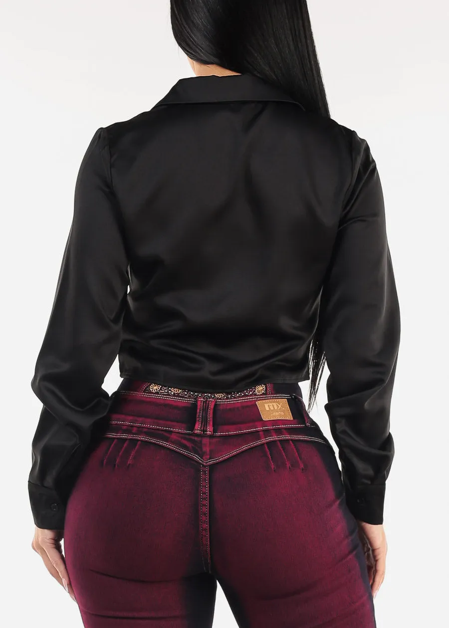 Ruched Long Sleeve Satin Cropped Blouse Black sold by Moda product image thumbnail 4