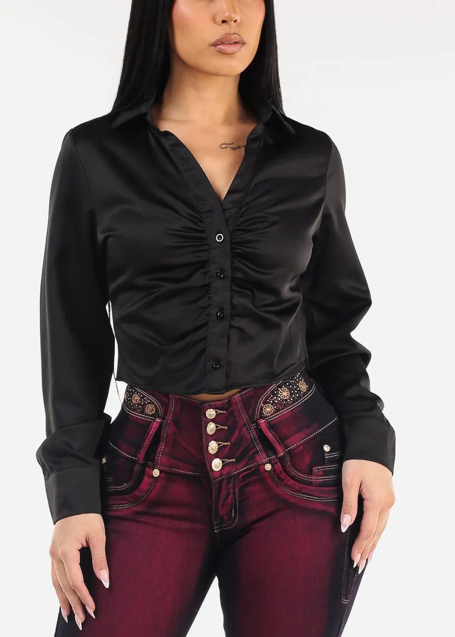 Ruched Long Sleeve Satin Cropped Blouse Black sold by Moda