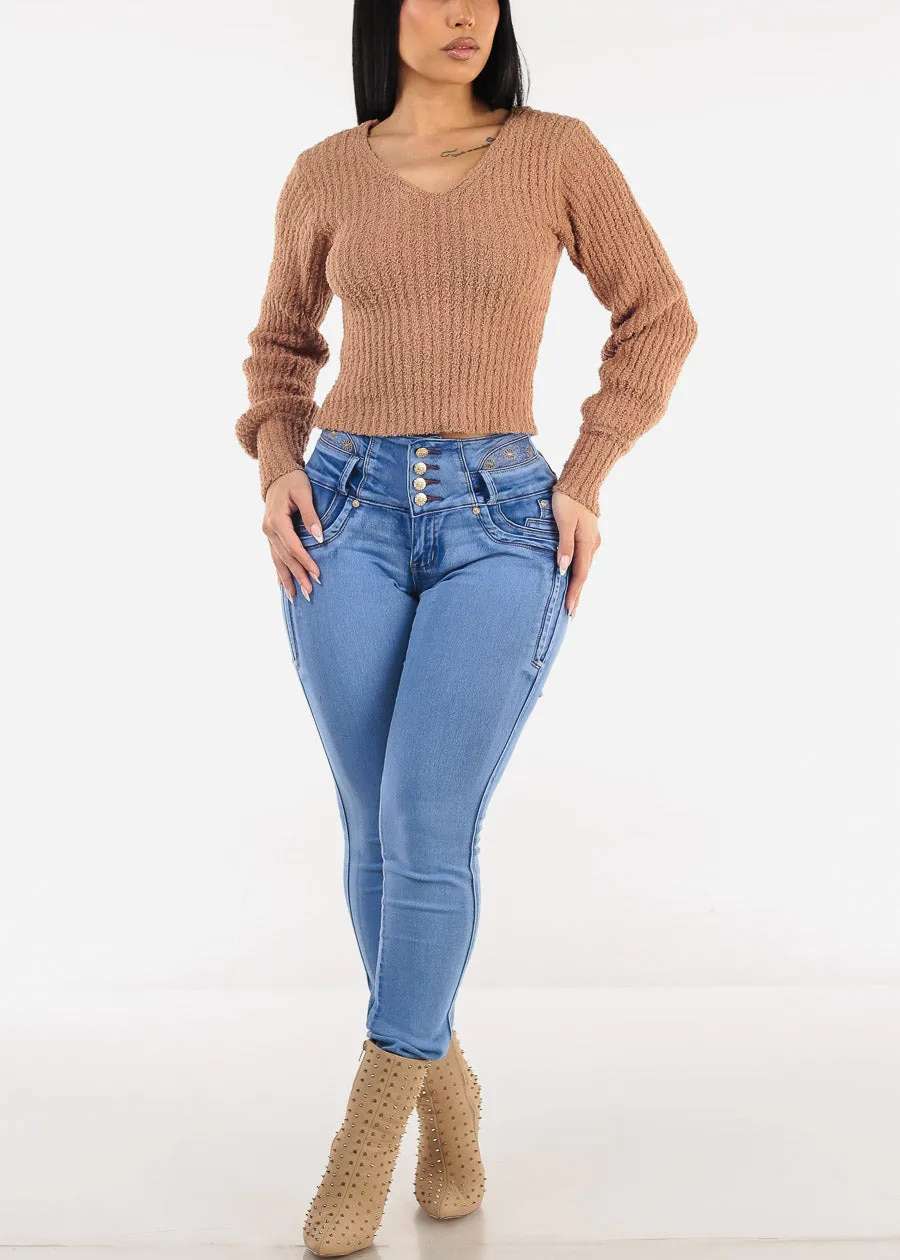 Long Sleeve Vneck Plush Sweater Camel sold by Moda product image thumbnail 2