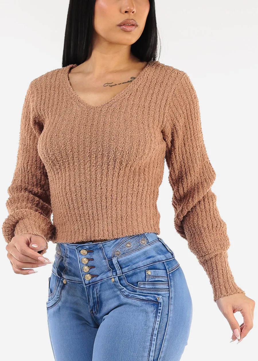 Long Sleeve Vneck Plush Sweater Camel sold by Moda