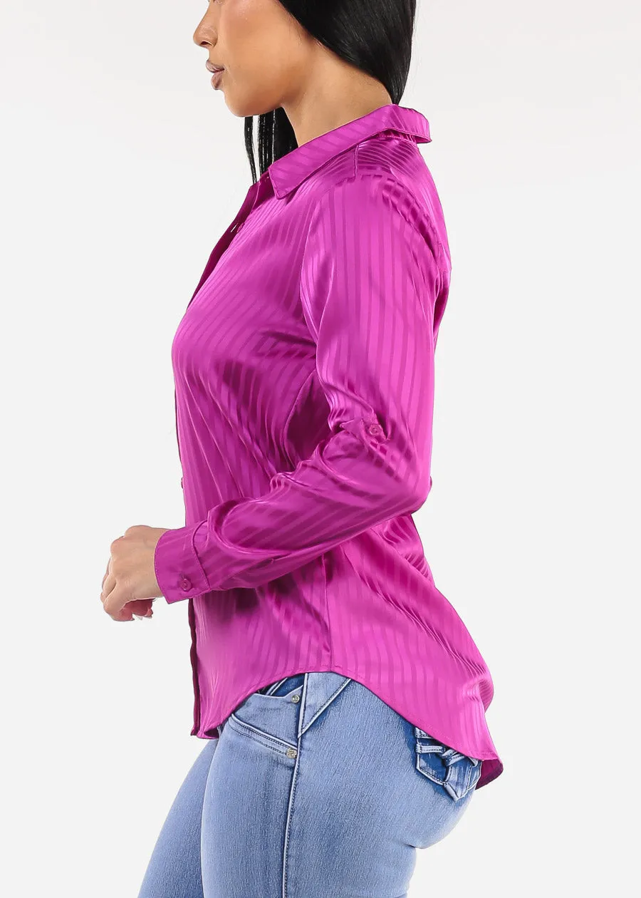 Long Sleeve Button Down Satin Stripe Blouse Purple sold by Moda product image thumbnail 3