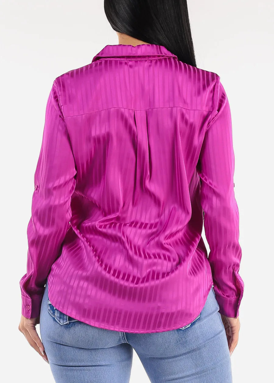Long Sleeve Button Down Satin Stripe Blouse Purple sold by Moda product image thumbnail 4