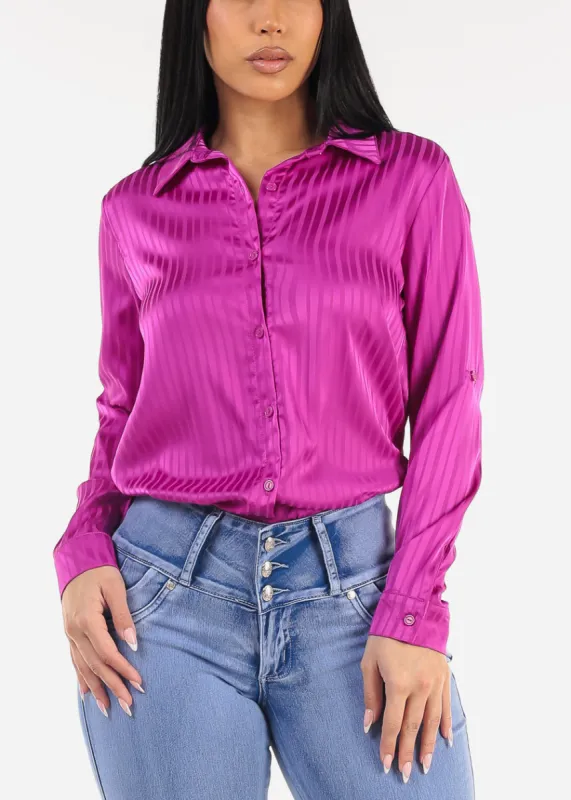 Long Sleeve Button Down Satin Stripe Blouse Purple sold by Moda