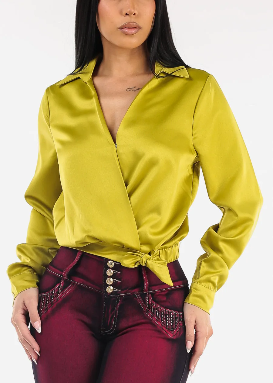 Long Sleeve Surplice Satin Blouse Light Green sold by Moda