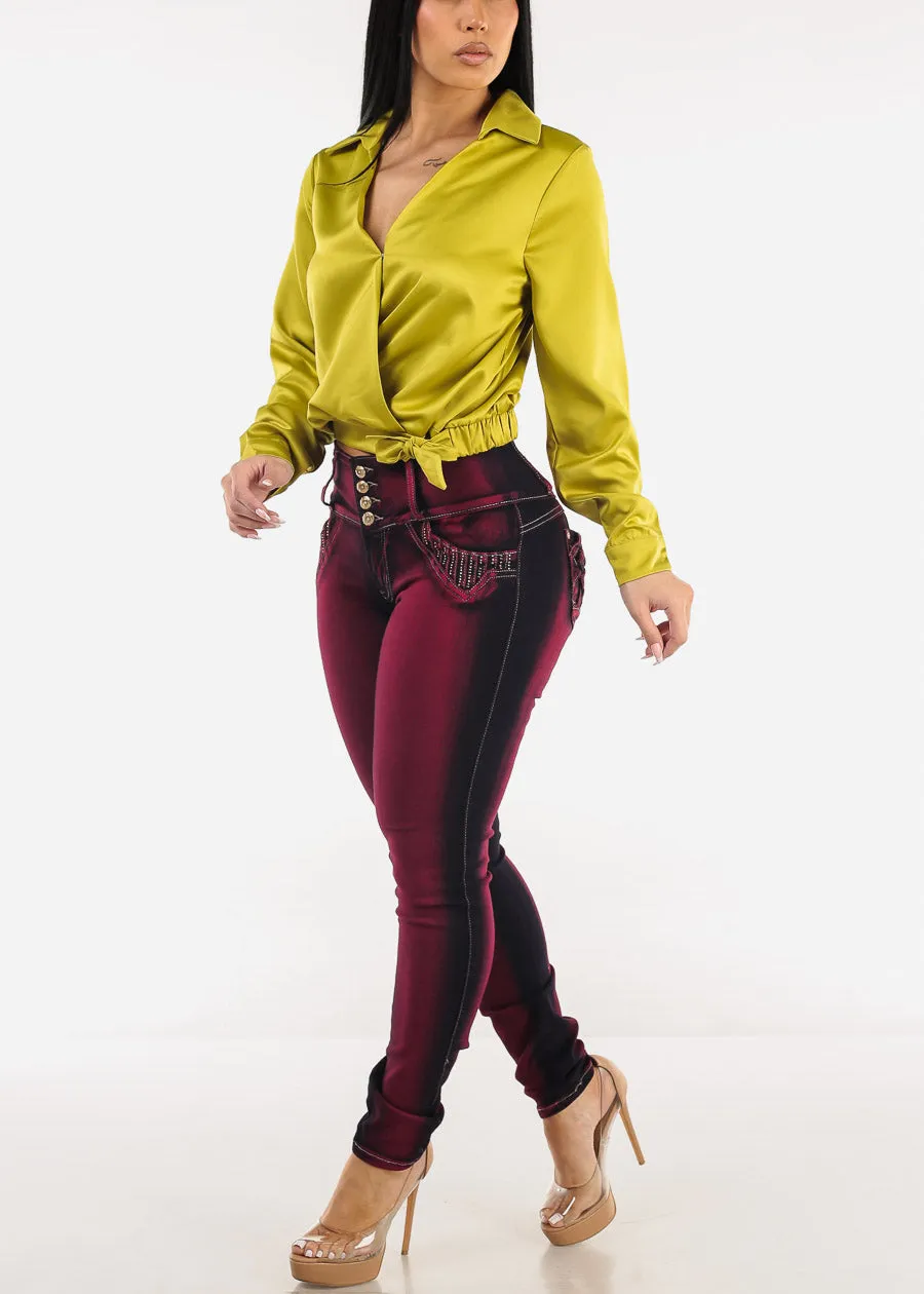 Long Sleeve Surplice Satin Blouse Light Green sold by Moda product image thumbnail 2