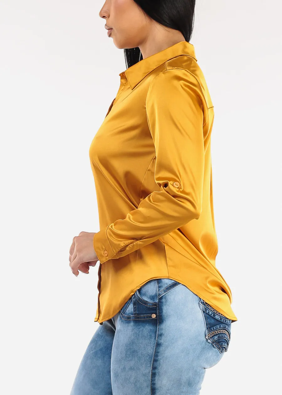 Long Sleeve Button Down Satin Blouse Mustard sold by Moda product image thumbnail 3
