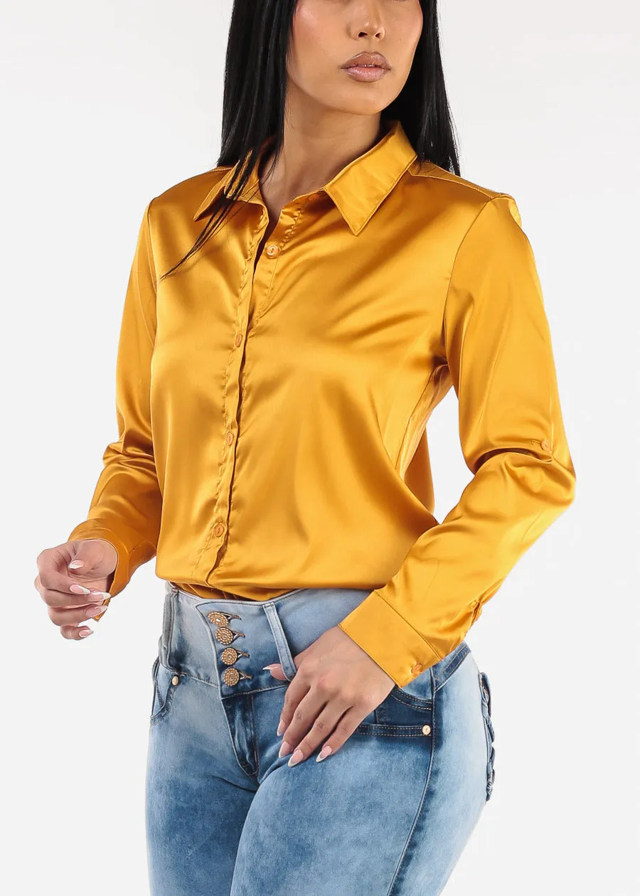 Long Sleeve Button Down Satin Blouse Mustard sold by Moda