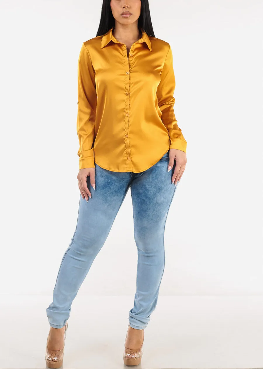 Long Sleeve Button Down Satin Blouse Mustard sold by Moda product image thumbnail 2