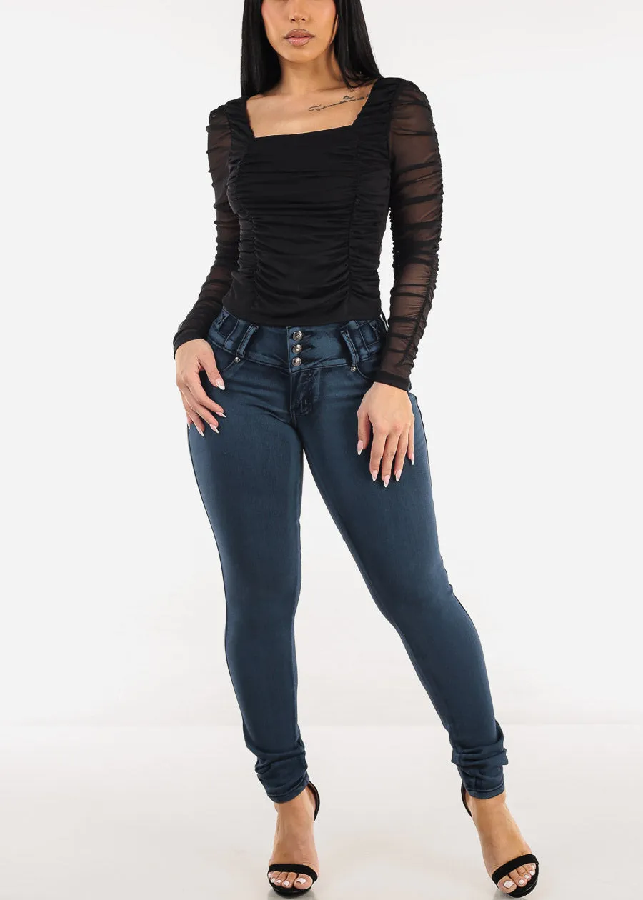 Long Sleeve Square Neck Shirred Mesh Top Black sold by Moda product image thumbnail 2