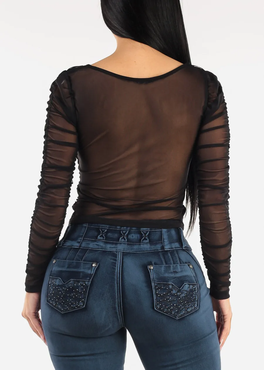 Long Sleeve Square Neck Shirred Mesh Top Black sold by Moda product image thumbnail 4