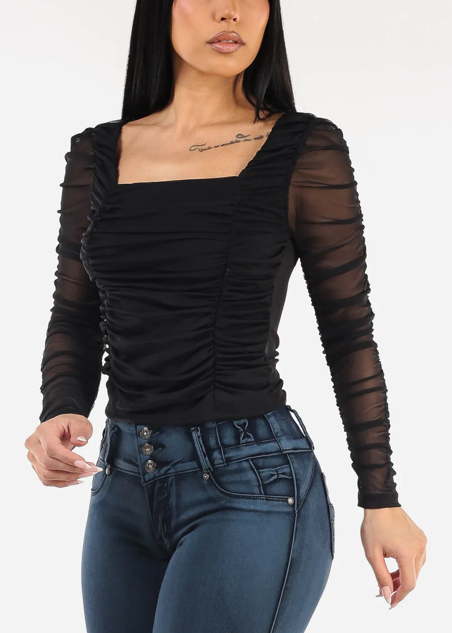 Long Sleeve Square Neck Shirred Mesh Top Black sold by Moda