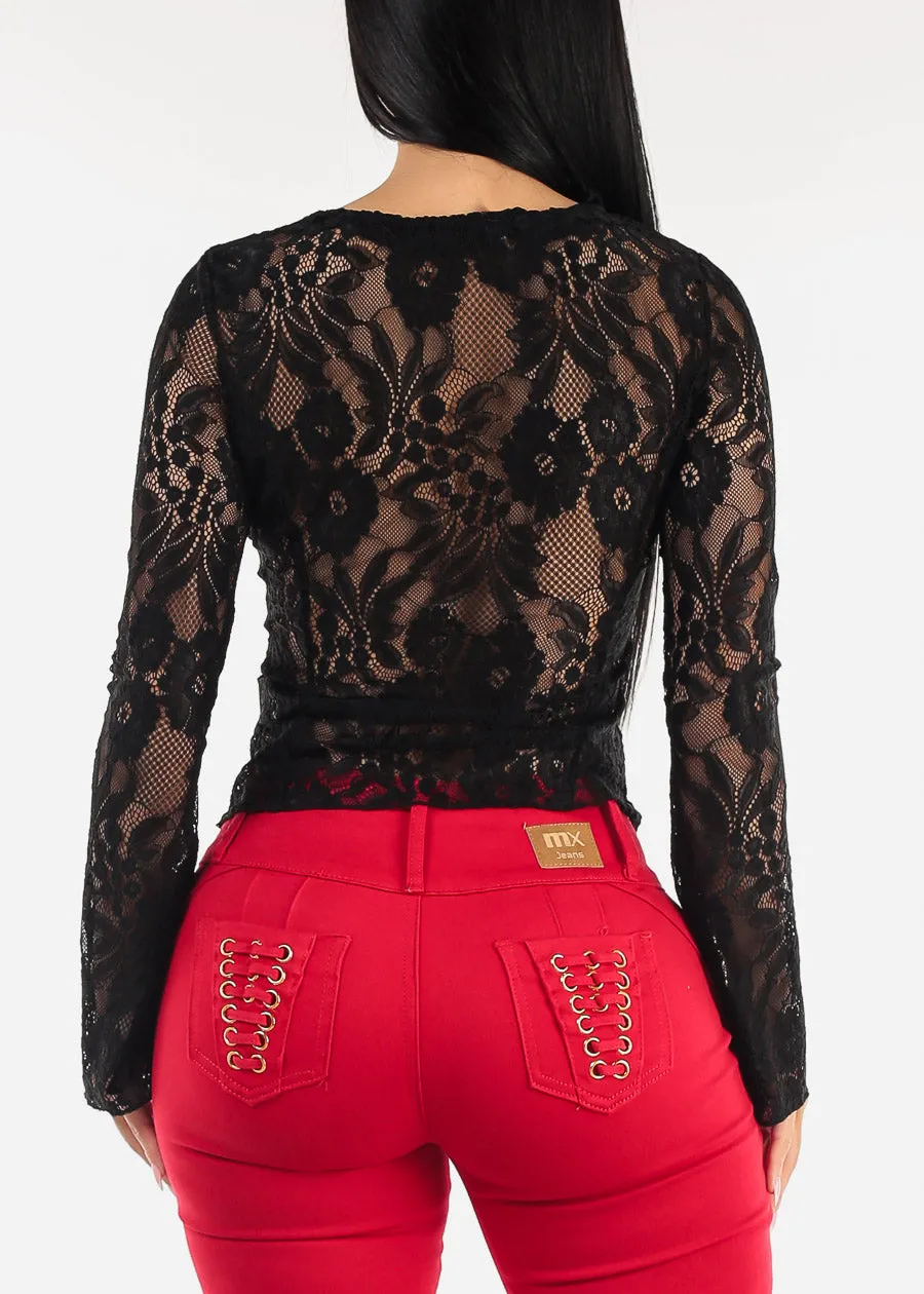 Long Sleeve Tie Front Black Lace Top sold by Moda product image thumbnail 4