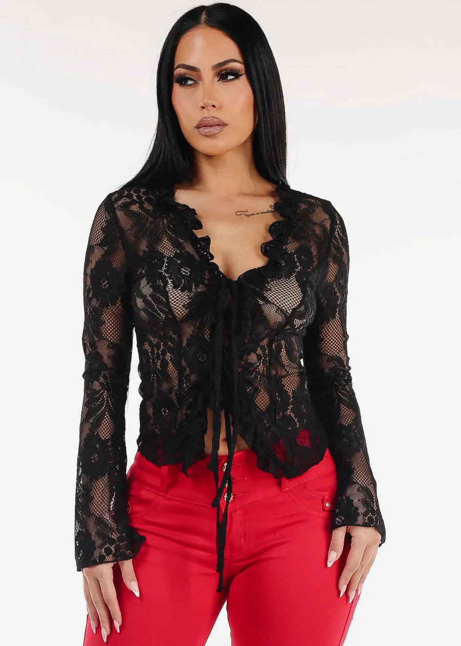 Long Sleeve Tie Front Black Lace Top sold by Moda