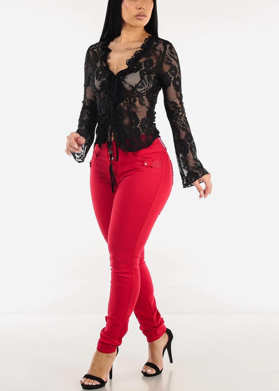 Long Sleeve Tie Front Black Lace Top sold by Moda product image thumbnail 2