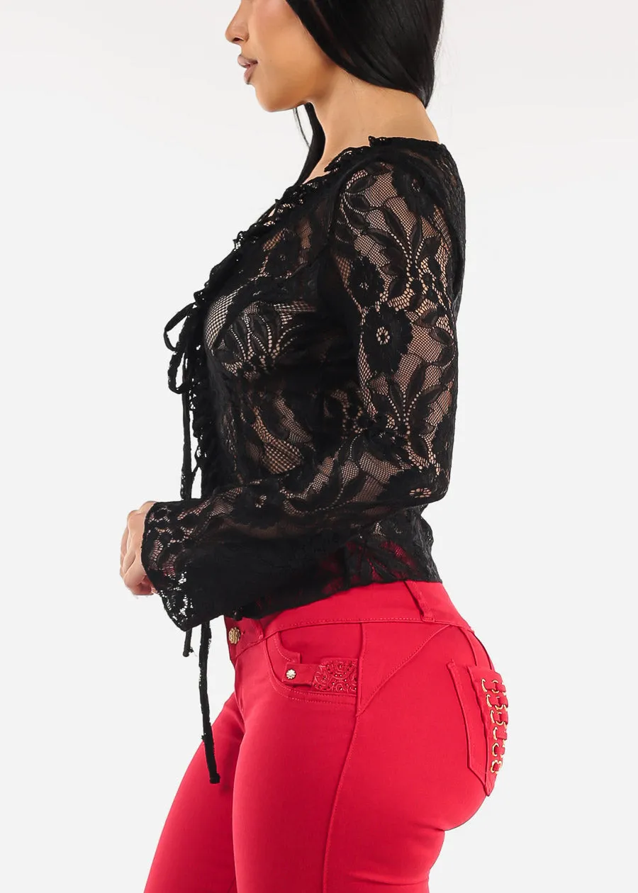 Long Sleeve Tie Front Black Lace Top sold by Moda product image thumbnail 3