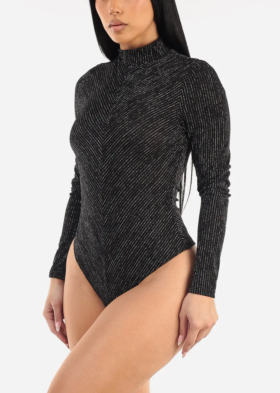 Mock Neck Glittery Thong Bodysuit Black sold by Moda
