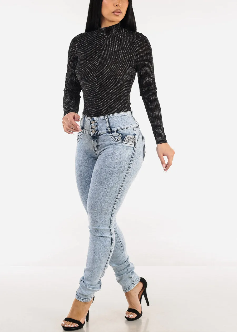 Mock Neck Glittery Thong Bodysuit Black sold by Moda product image thumbnail 2
