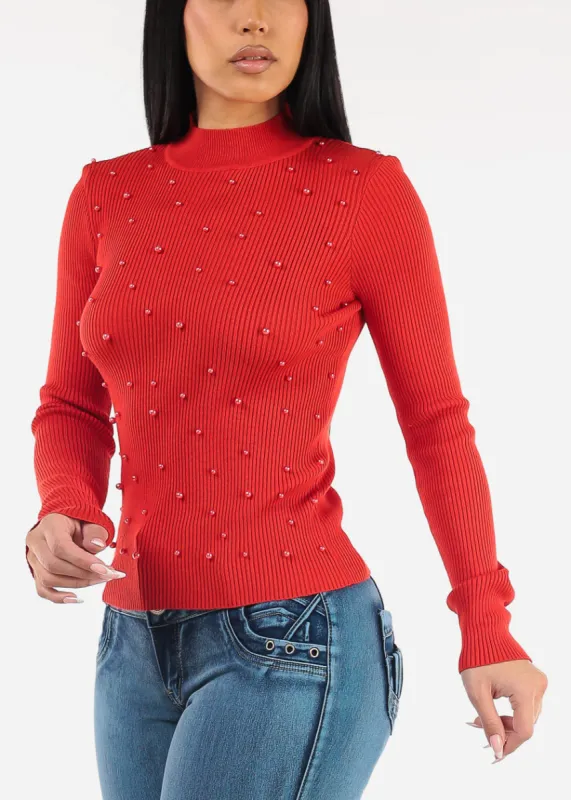 Long Sleeve Mock Neck Pearl Sweater Red sold by Moda