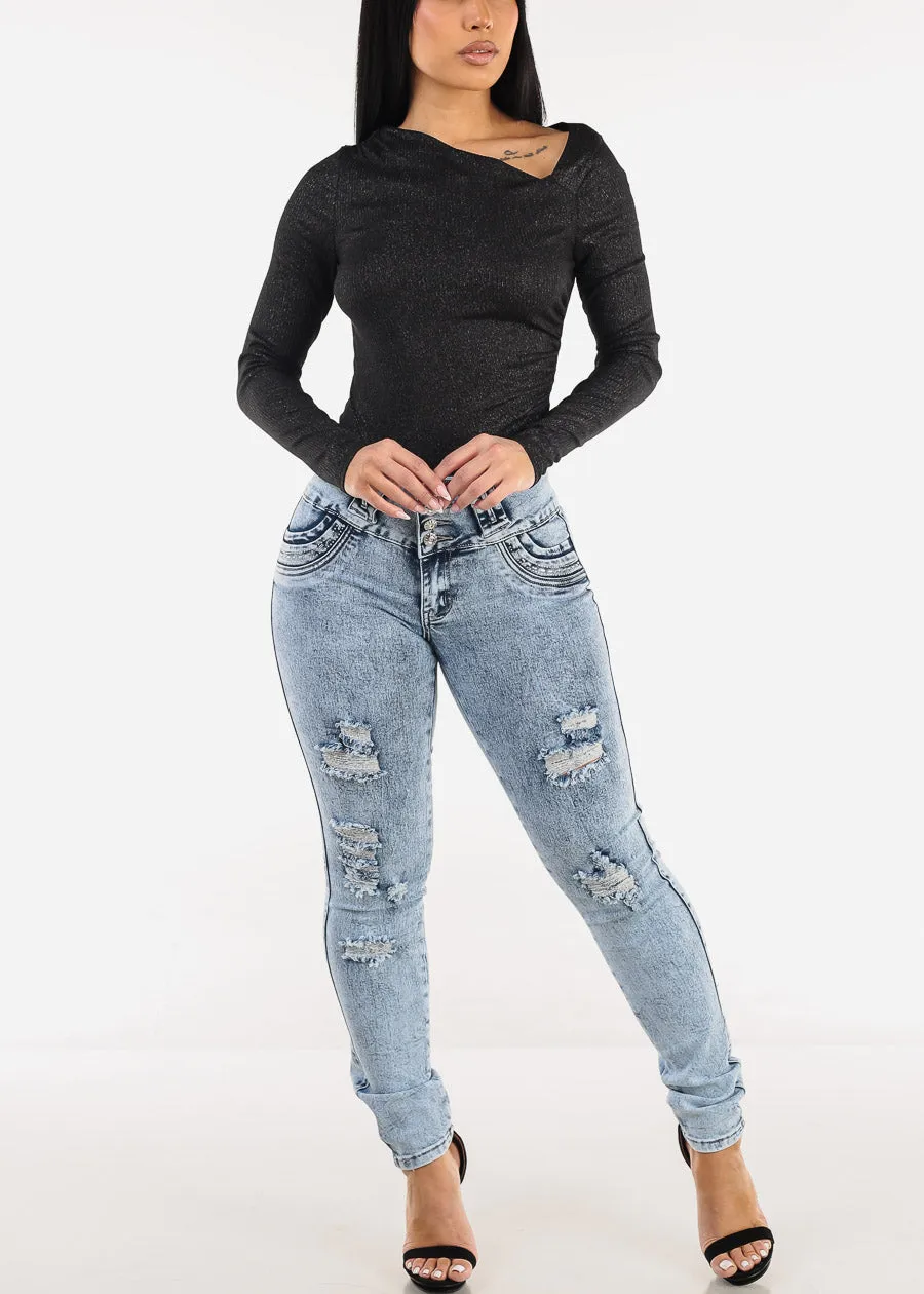 Asymmetrical Neckline Glittery Blouse Black sold by Moda product image thumbnail 2