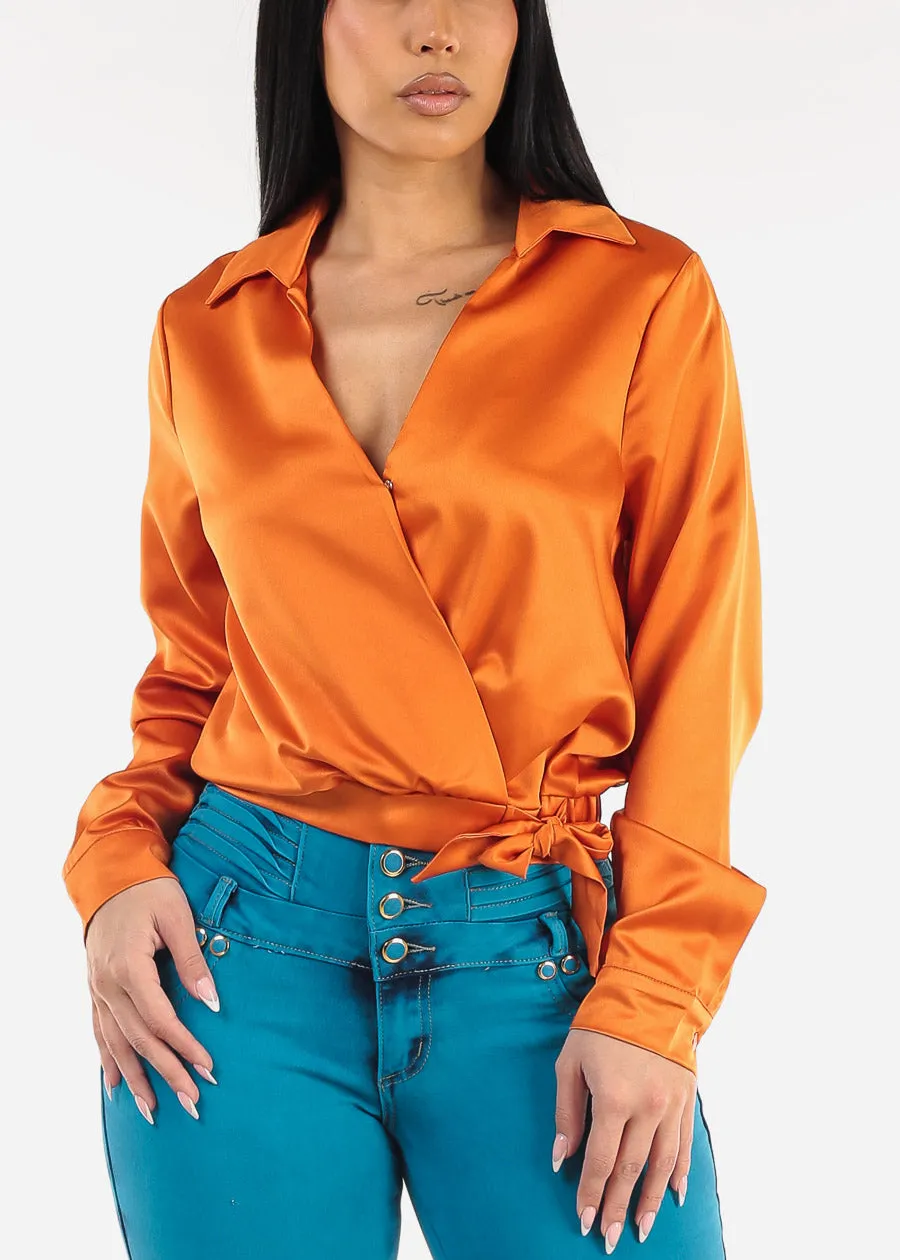 Long Sleeve Surplice Satin Blouse Orange sold by Moda