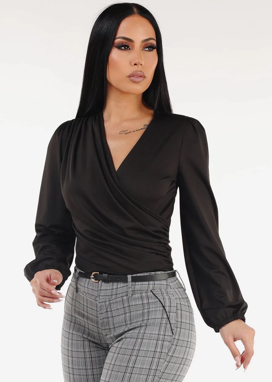Ruched Surplice Long Sleeve Blouse Black sold by Moda