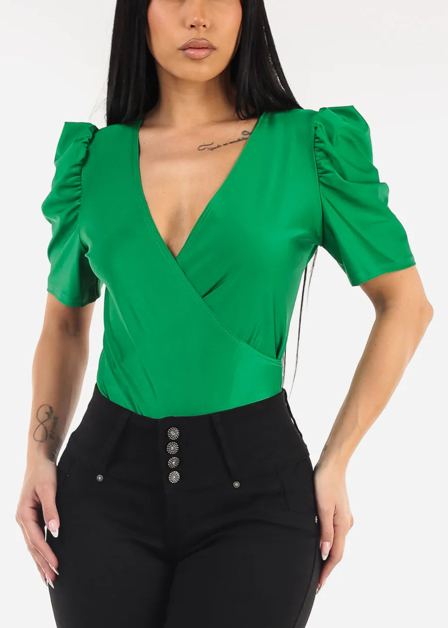 Short Puff Sleeve Surplice Satin Bodysuit Green sold by Moda product image thumbnail 5