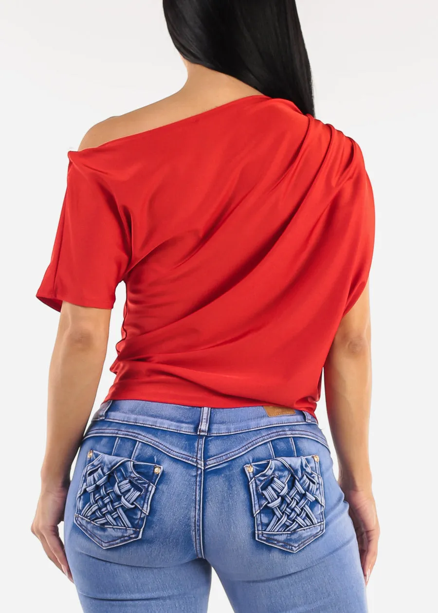 Asymmetrical Neckline Pleated Satin Blouse Red sold by Moda product image thumbnail 4