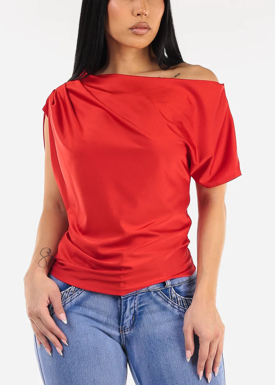 Asymmetrical Neckline Pleated Satin Blouse Red sold by Moda