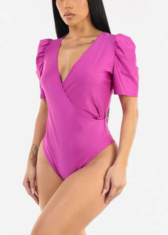 Short Puff Sleeve Surplice Satin Bodysuit Purple sold by Moda
